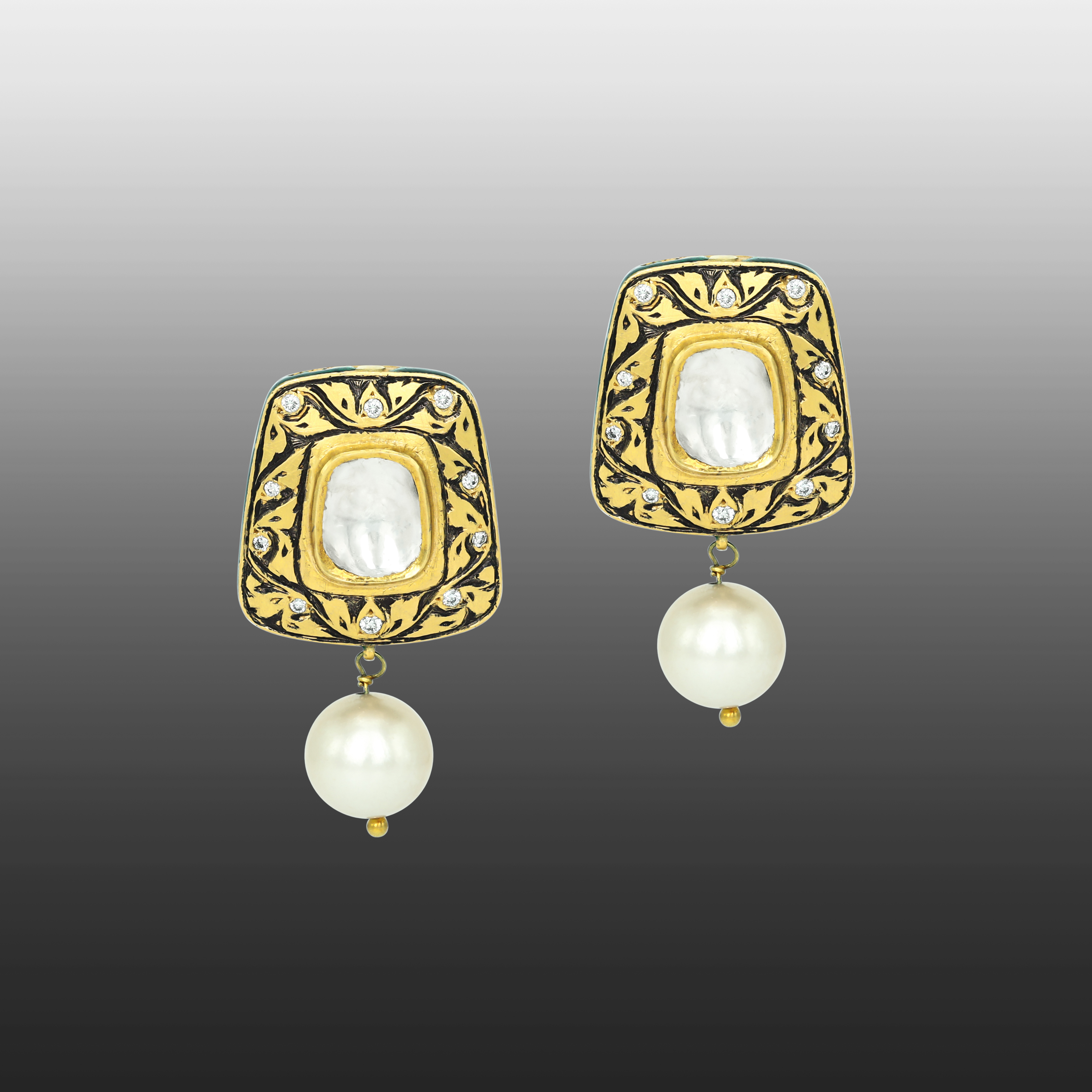 Polki Studs with Partash Detailing and Pearl Drop
